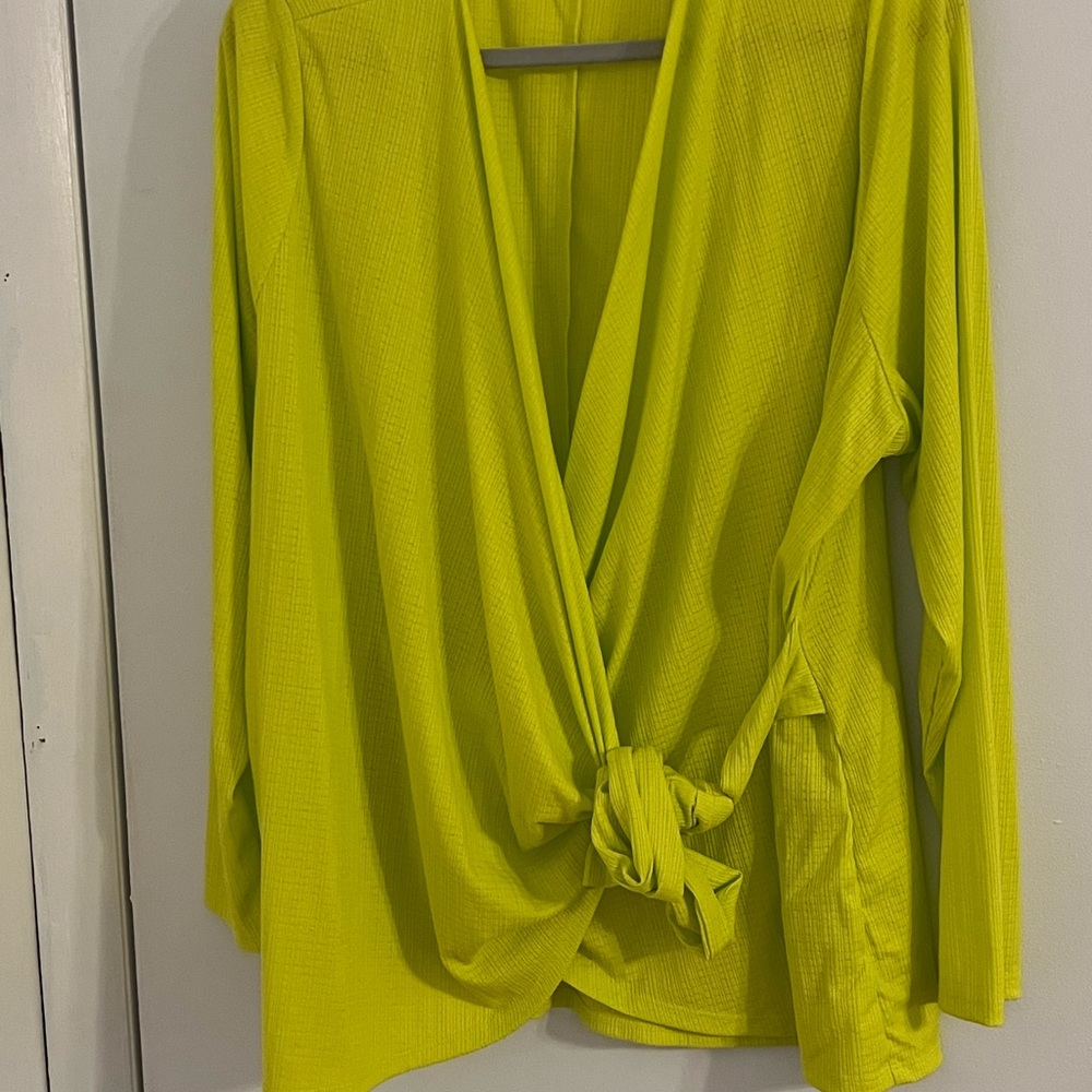 Long-sleeve, wrap blouse. Great colour to close out the summer.